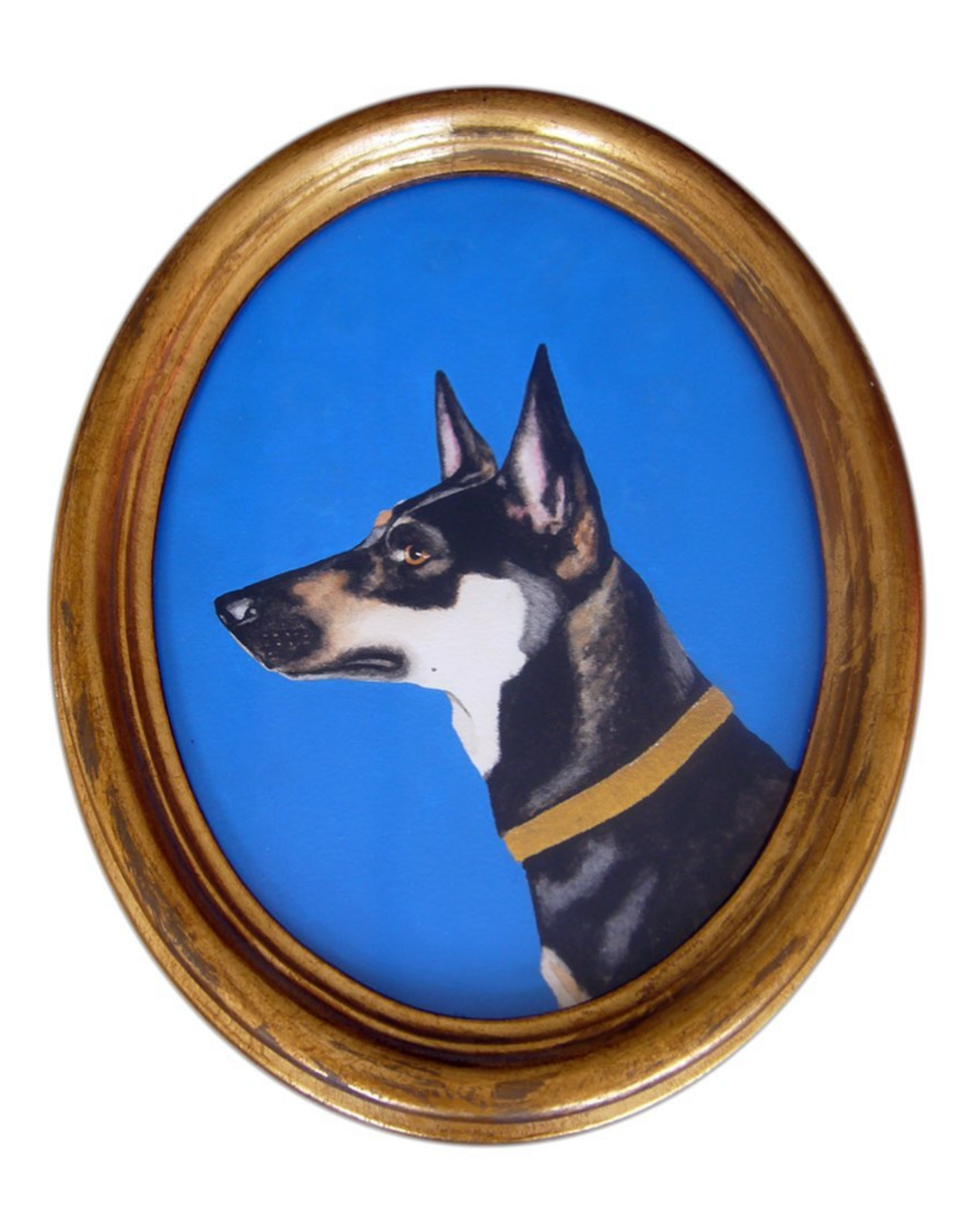 Framed artwork of a dog's portrait on a blue background